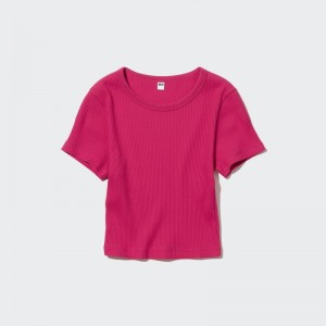 Pink Women Uniqlo Ribbed Crew Neck Short-sleeve Cropped T Shirts | USA TFOGI-3619