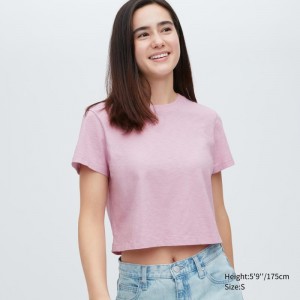 Pink Women Uniqlo Slub Jersey Cropped Short-sleeve T Shirts | USA AKUWO-6402