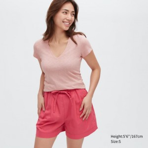 Pink Women Uniqlo Slub Jersey V-neck Short-sleeve T Shirts | USA ELBNZ-5864