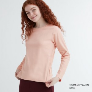 Pink Women Uniqlo Smooth Stretch Cotton Crew Neck Long-sleeve T Shirts | USA IQTGA-2935