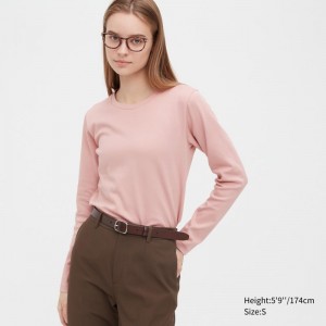 Pink Women Uniqlo Smooth Stretch Cotton Crew Neck Long-sleeve T Shirts | USA YPZHC-0152