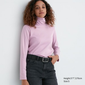 Pink Women Uniqlo Smooth Stretch Cotton Turtleneck Long Sleeve T Shirts | USA HCZLV-0671