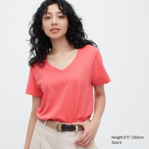 Pink Women Uniqlo Supima® Cotton V-neck Short-sleeve T Shirts | USA FAWZN-5149