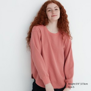 Pink Women Uniqlo Waffle Crew Neck Long-sleeve T Shirts | USA DWFKC-3601