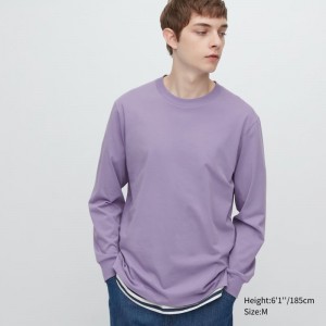 Purple Men Uniqlo Airism Cotton Uv Protection Crew Neck T Shirts | USA WTVLX-8035