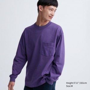 Purple Men Uniqlo Washed Cotton Crew Neck Long-sleeve T Shirts | USA IGBKJ-2843