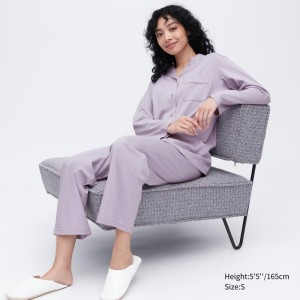 Purple Women Uniqlo Airism Cotton Long-sleeve Pajamas | USA PFZUQ-9845