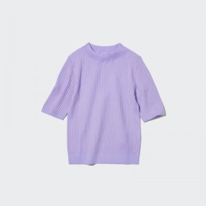 Purple Women Uniqlo Extra Fine Merino Ribbed Half-sleeve Short Sweaters | USA NJFDK-9403