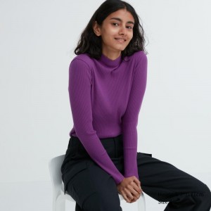 Purple Women Uniqlo Ribbed High Neck Long-sleeve T Shirts | USA WGLDE-4613