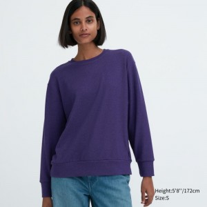 Purple Women Uniqlo Soft Knitted Fleece Crew Neck Long-sleeve T Shirts | USA ZOFLH-2813