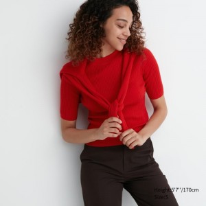 Red Women Uniqlo Extra Fine Merino Ribbed Mock Neck Half-sleeve Sweaters | USA ANPRM-2371