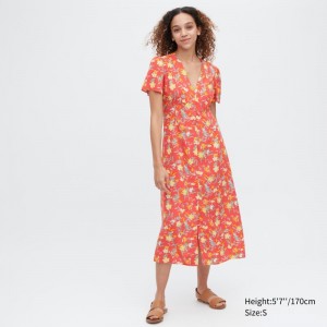 Red Women Uniqlo Printed V-neck Short-sleeve Flare Dress | USA BNSPR-0728