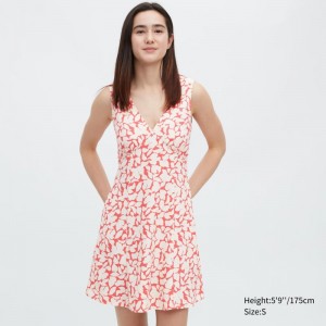 Red Women Uniqlo Printed V-neck Sleeveless Mini Dress | USA XSUNC-0134