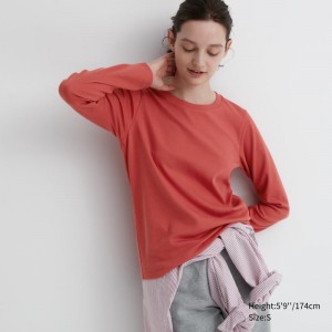 Red Women Uniqlo Smooth Stretch Cotton Crew Neck Long-sleeve T Shirts | USA JYOHT-4731