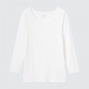 White Kids Uniqlo Heattech Scoop Neck Long-sleeve T Shirts | USA QWEJP-6482