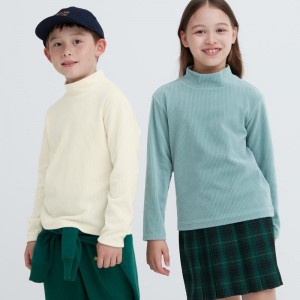 White Kids Uniqlo Ribbed Fleece High Neck Long-sleeve T Shirts | USA DSZOR-4927