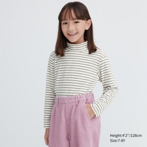 White Kids Uniqlo Ribbed Fleece Striped High Neck Long-sleeve T Shirts | USA WQJYU-2834