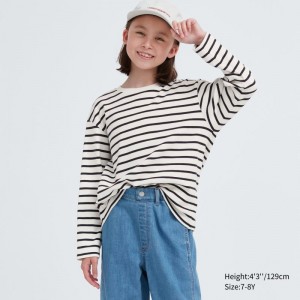 White Kids Uniqlo Soft Brushed Striped Crew Neck Long-sleeve T Shirts | USA VIQNC-6198