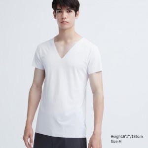 White Men Uniqlo Airism Mesh Anti-odor V-neck T Shirts | USA GWNHO-3589