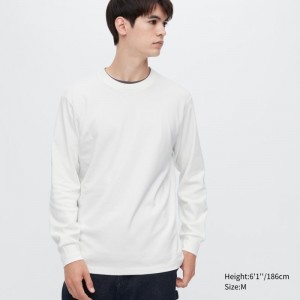 White Men Uniqlo Brushed Cotton Crew Neck Long-sleeve T Shirts | USA YPFJM-7206