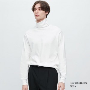 White Men Uniqlo Brushed Cotton Turtleneck Long-sleeve T Shirts | USA VNERS-3479