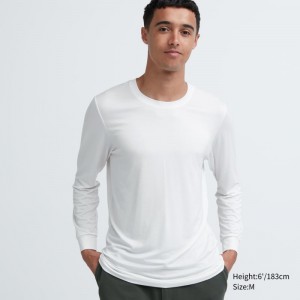 White Men Uniqlo Heattech Crew Neck Long-sleeve T Shirts | USA HTFWX-0895