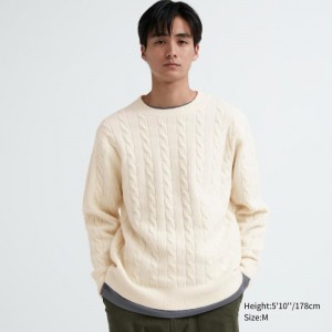 White Men Uniqlo Souffle Yarn Cable Crew Neck Sweaters | USA MSILR-4076