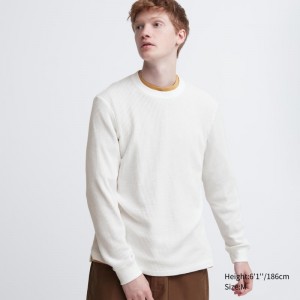 White Men Uniqlo Waffle Crew Neck Long-sleeve T Shirts | USA OMHFP-2948