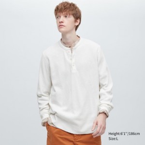 White Men Uniqlo Waffle Long-sleeve Henley T Shirts | USA KOLMG-9314