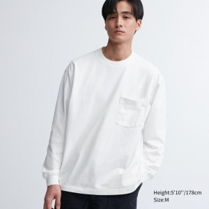 White Men Uniqlo Washed Cotton Crew Neck Long-sleeve T Shirts | USA MTDXP-3017