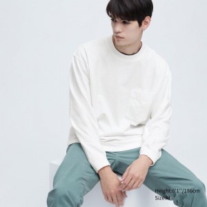 White Men Uniqlo Washed Cotton Crew Neck Long-sleeve T Shirts | USA RXOUK-9618