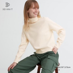 White Women Uniqlo 3d Knit Souffle Yarn Long Sleeve Sweaters | USA INHPV-6901