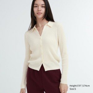 White Women Uniqlo Extra Fine Merino Ribbed Polo Cardigan | USA ITKGV-5789