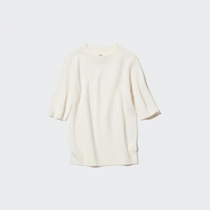 White Women Uniqlo Extra Fine Merino Ribbed Half-sleeve Short Sweaters | USA IYLTX-7826