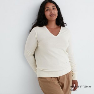 White Women Uniqlo Extra Fine Merino V-neck Long-sleeve Sweaters | USA WHUTI-9254