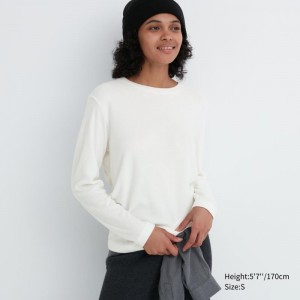 White Women Uniqlo Heattech Fleece Crew Neck Long Sleeve T Shirts | USA VQGMF-3017