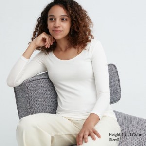 White Women Uniqlo Heattech Scoop Neck Long-sleeve T Shirts | USA HYJDK-7085