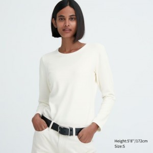 White Women Uniqlo Heattech Ultra Warm Crew Neck T Shirts | USA LTBEZ-0829