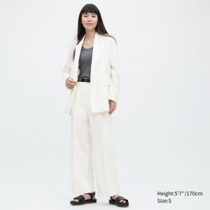 White Women Uniqlo Linen Blend Tucked Wide Pants | USA LBOAQ-5682