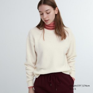 White Women Uniqlo Premium Lambswool Crew Neck Long-sleeve Sweaters | USA RUGVY-1357