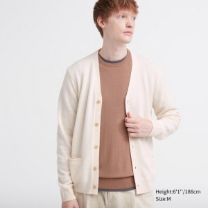 White Women Uniqlo Premium Lambswool V-neck Long-sleeve Cardigan | USA QIEUL-6407