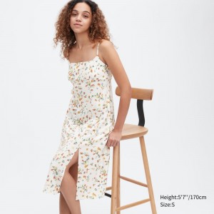 White Women Uniqlo Printed Front Slit Camisole Dress | USA LSBPV-7186