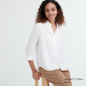 White Women Uniqlo Rayon Skipper Collar 3/4-sleeve Blouse | USA TOFJH-6578