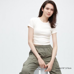 White Women Uniqlo Ribbed Crew Neck Short-sleeve Cropped T Shirts | USA AXDMG-8390