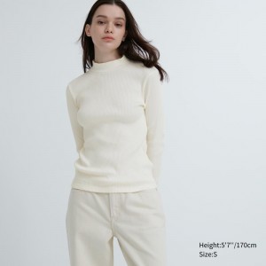 White Women Uniqlo Ribbed High Neck Long-sleeve T Shirts | USA TINMB-7361