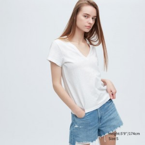 White Women Uniqlo Slub Jersey V-neck Short-sleeve T Shirts | USA OZAPW-1485