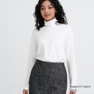 White Women Uniqlo Smooth Stretch Cotton Turtleneck Long Sleeve T Shirts | USA VECPA-1843