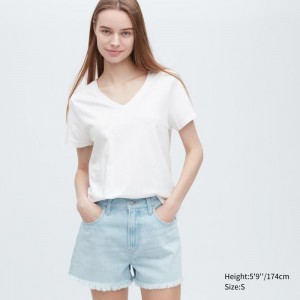 White Women Uniqlo Supima® Cotton V-neck Short-sleeve T Shirts | USA OCGUA-2678