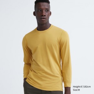 Yellow Men Uniqlo Heattech Cotton Crew Neck (Extra Warm) T Shirts | USA DITYU-0538