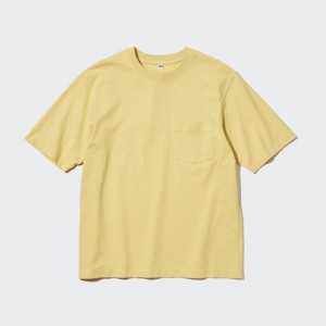 Yellow Men Uniqlo Oversized Pocket Crew Neck Half-sleeve T Shirts | USA DQKWP-6542